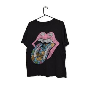 The Rolling Stones Graphic Tee Womens S/M Black Excellent Floral Tongue Logo